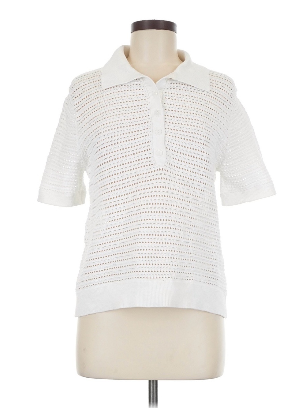 Aritzia Babaton White Open-Knit Polo Button-Down Top